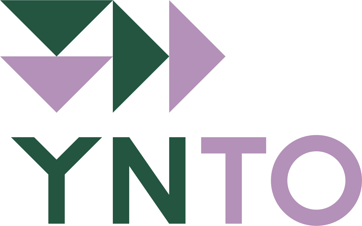 The logo of Y N T O that consists of 4 rectangles above of the Y N T O text all randomly colored by a shade of green and purple.
